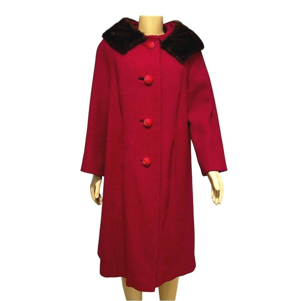 Vintage Red Wool‎ Coat Mink Fur Collar Large Button Retro Mid Century Women